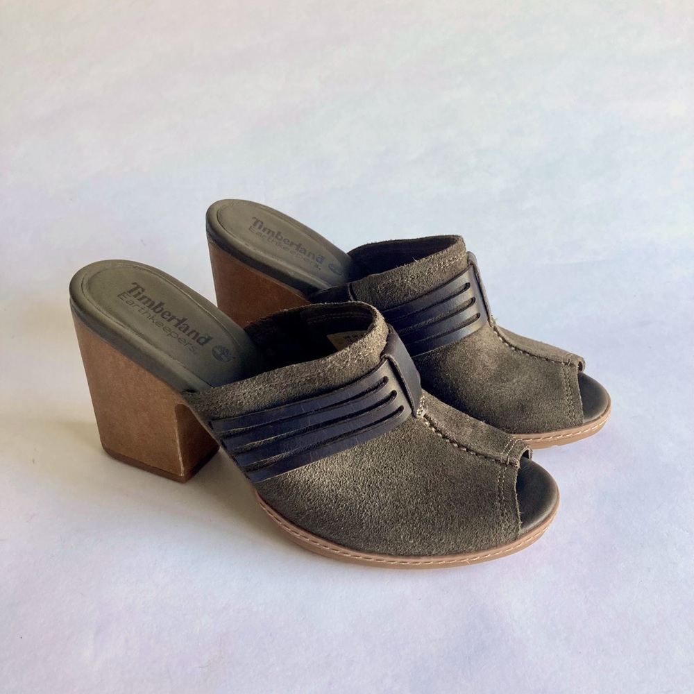 Timberland Strafford Olive Green Suede Wood Heel Pump Sandals size 7.5